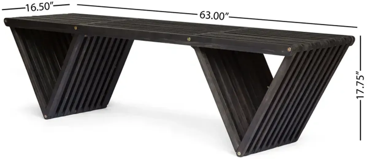 Riah Outdoor Bench, Angled Legs, Slatted 63 Inch Dark Gray Acacia Wood - Benzara