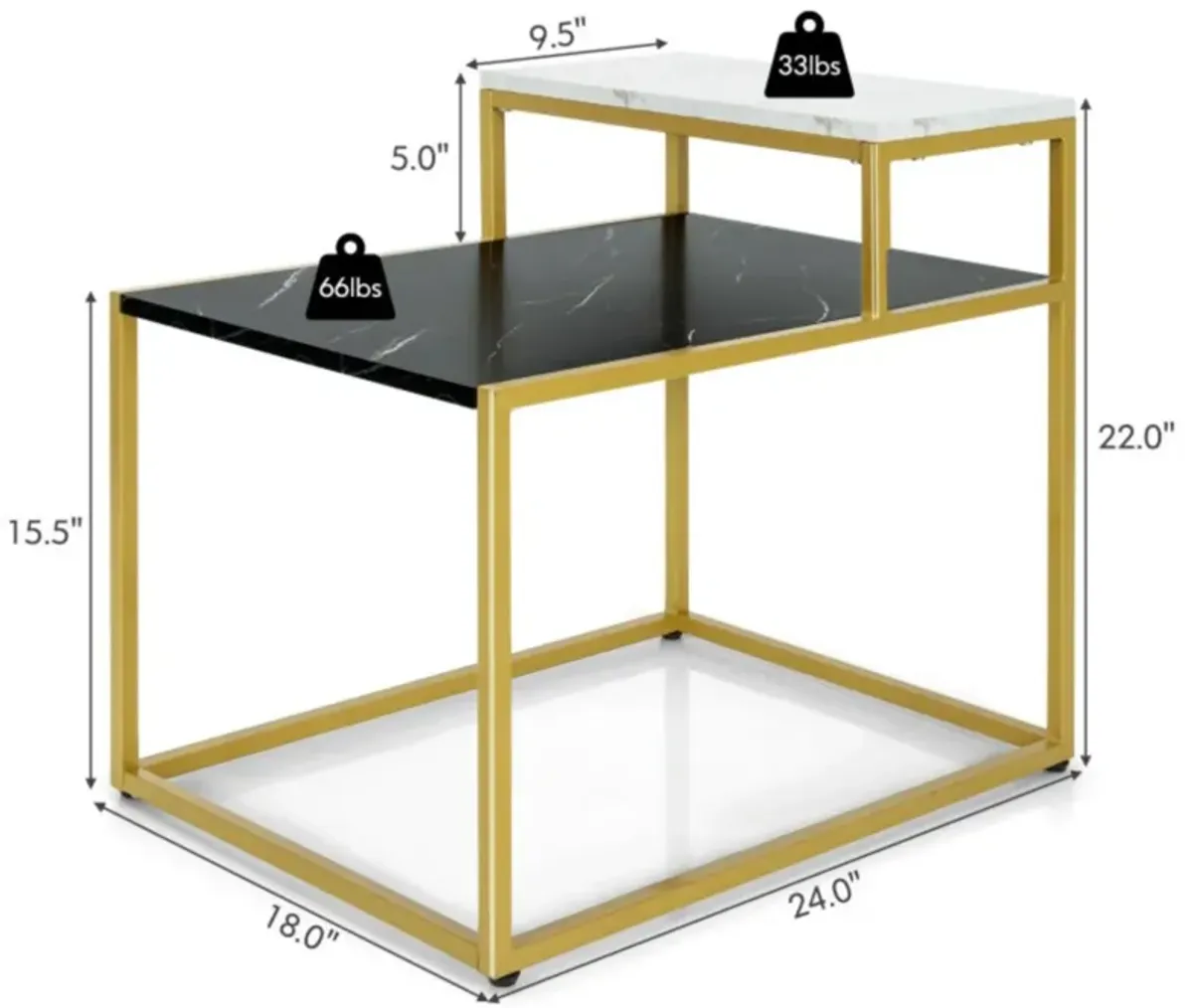 Hivvago 2 Tier End Side Table with  Metal Frame and Storage Shelf for Living Room-White