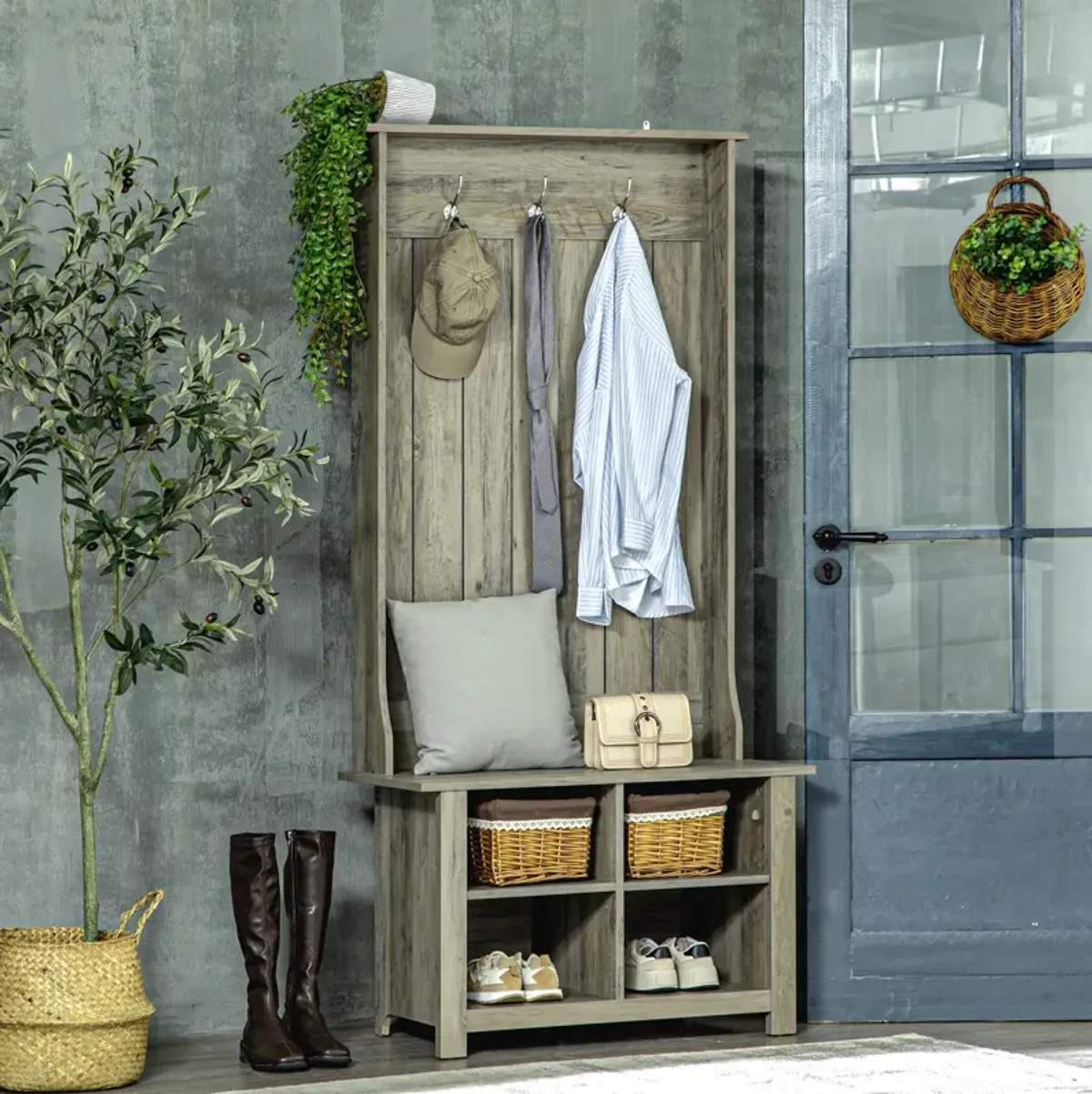 Gray Entryway Storage: Hall Tree with Shoe Bench & Coat Rack