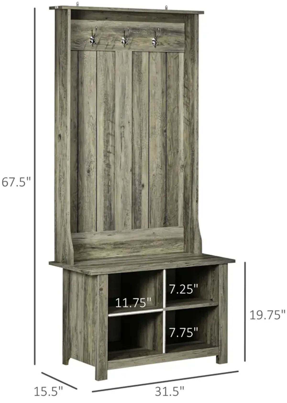 Gray Entryway Storage: Hall Tree with Shoe Bench & Coat Rack