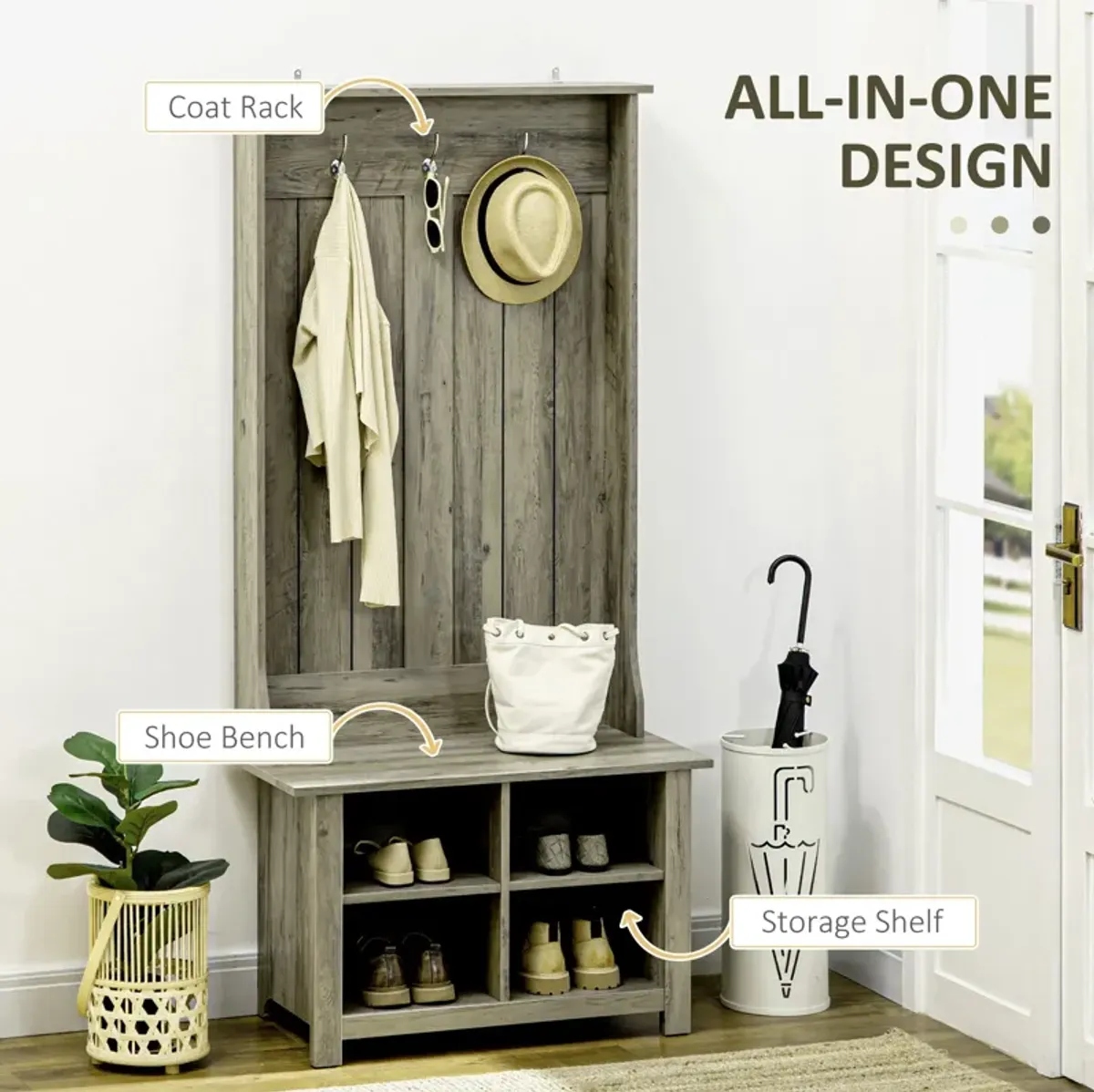 Gray Entryway Storage: Hall Tree with Shoe Bench & Coat Rack