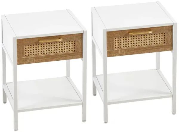 Set of 2 Side Tables – Rattan Nightstands with Drawer & Metal Legs for Bedroom & Living Room