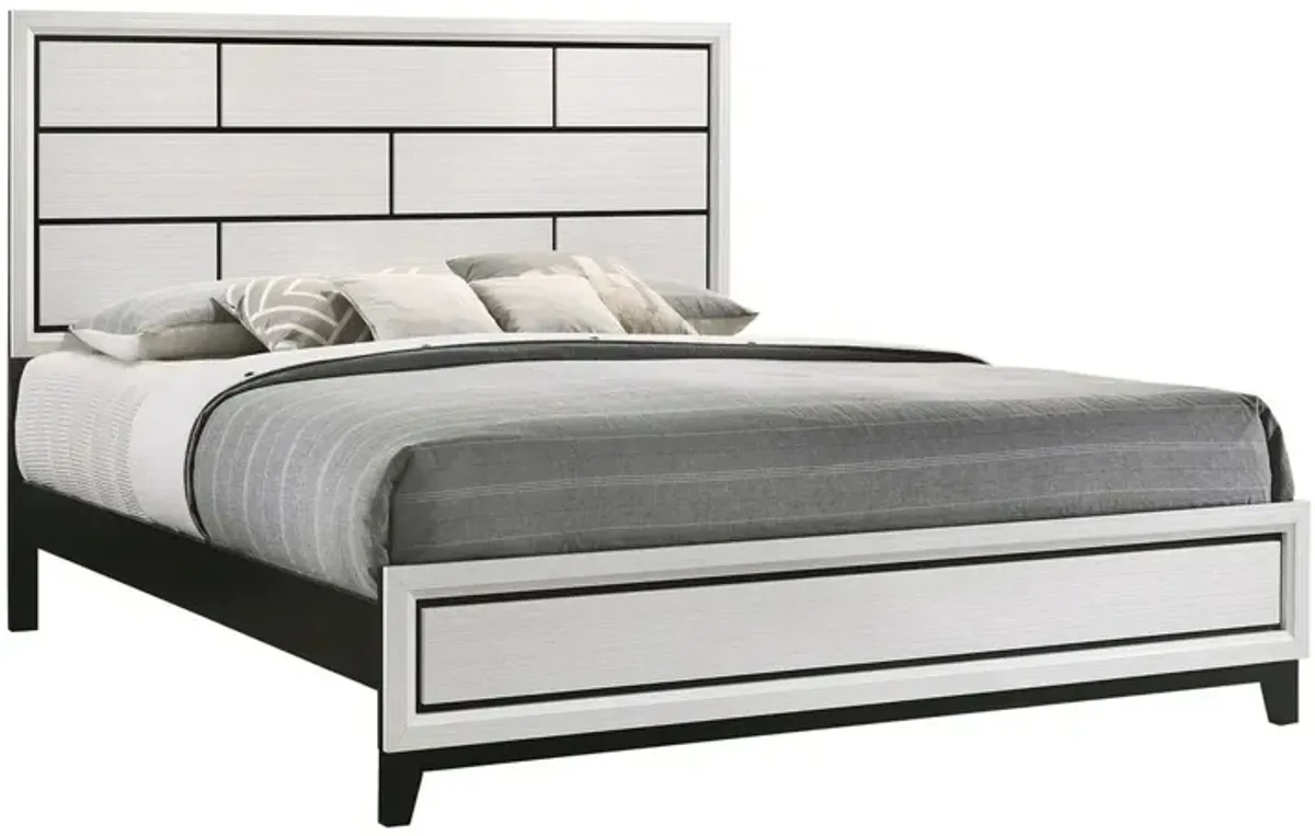Benjara Asir King Size Bed, Geometric Panel Headboard, Modern Wood Finish, White and Black