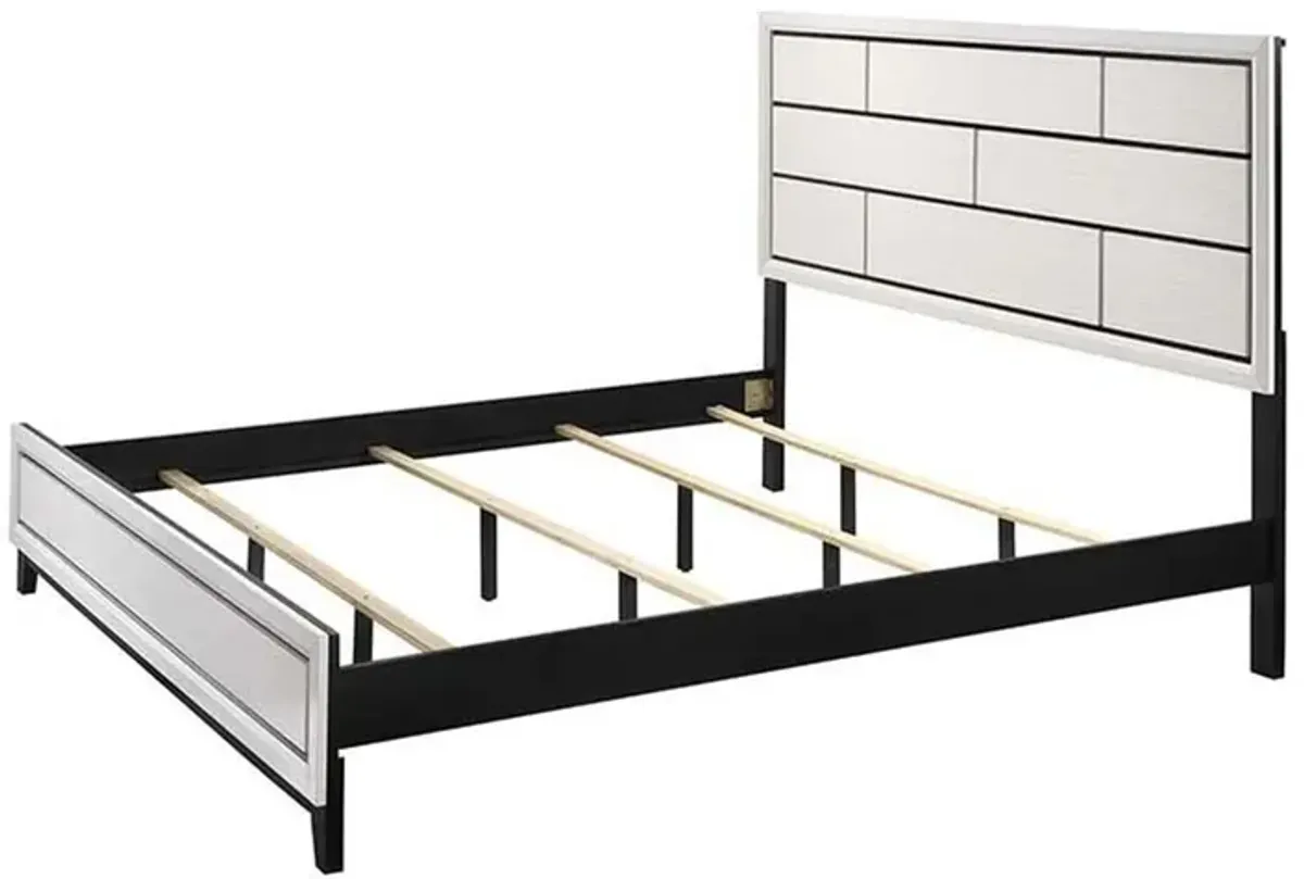 Benjara Asir King Size Bed, Geometric Panel Headboard, Modern Wood Finish, White and Black