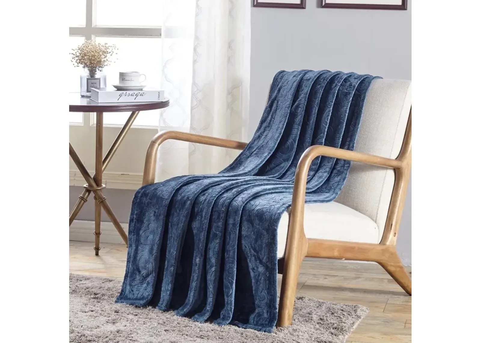 Plazatex Dama Embossed Scroll Pattern Soft & Cozy Throw Blanket - 50x60" Oxford Blue