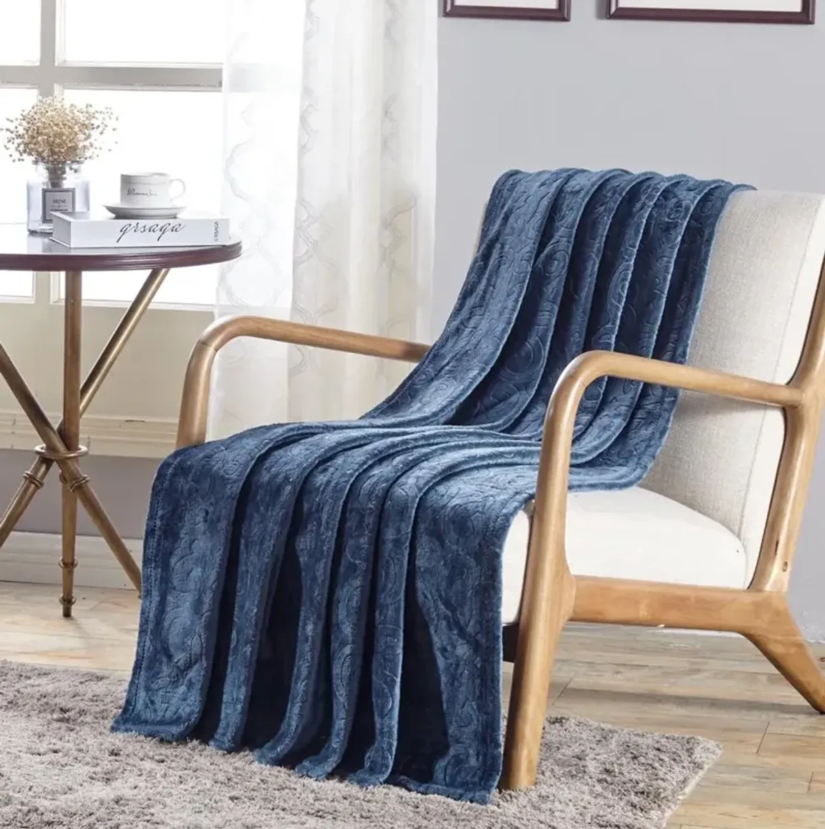 Plazatex Dama Embossed Scroll Pattern Soft & Cozy Throw Blanket - 50x60" Oxford Blue