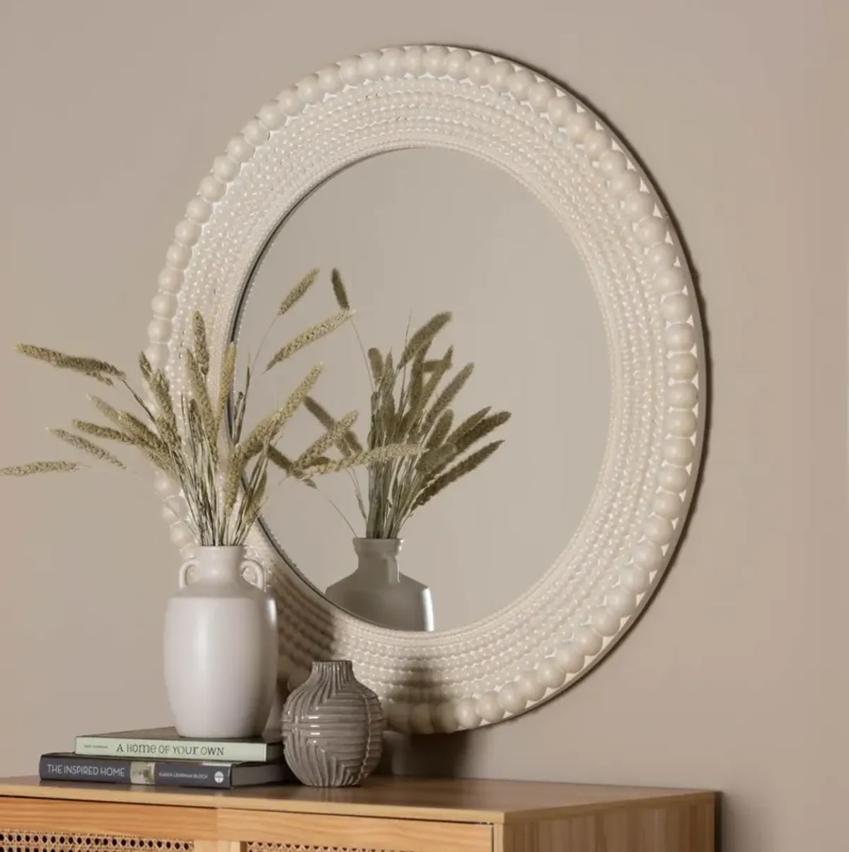 Baxton Studio Grazia Modern Round Beaded framed Accent Mirror in Pearl White