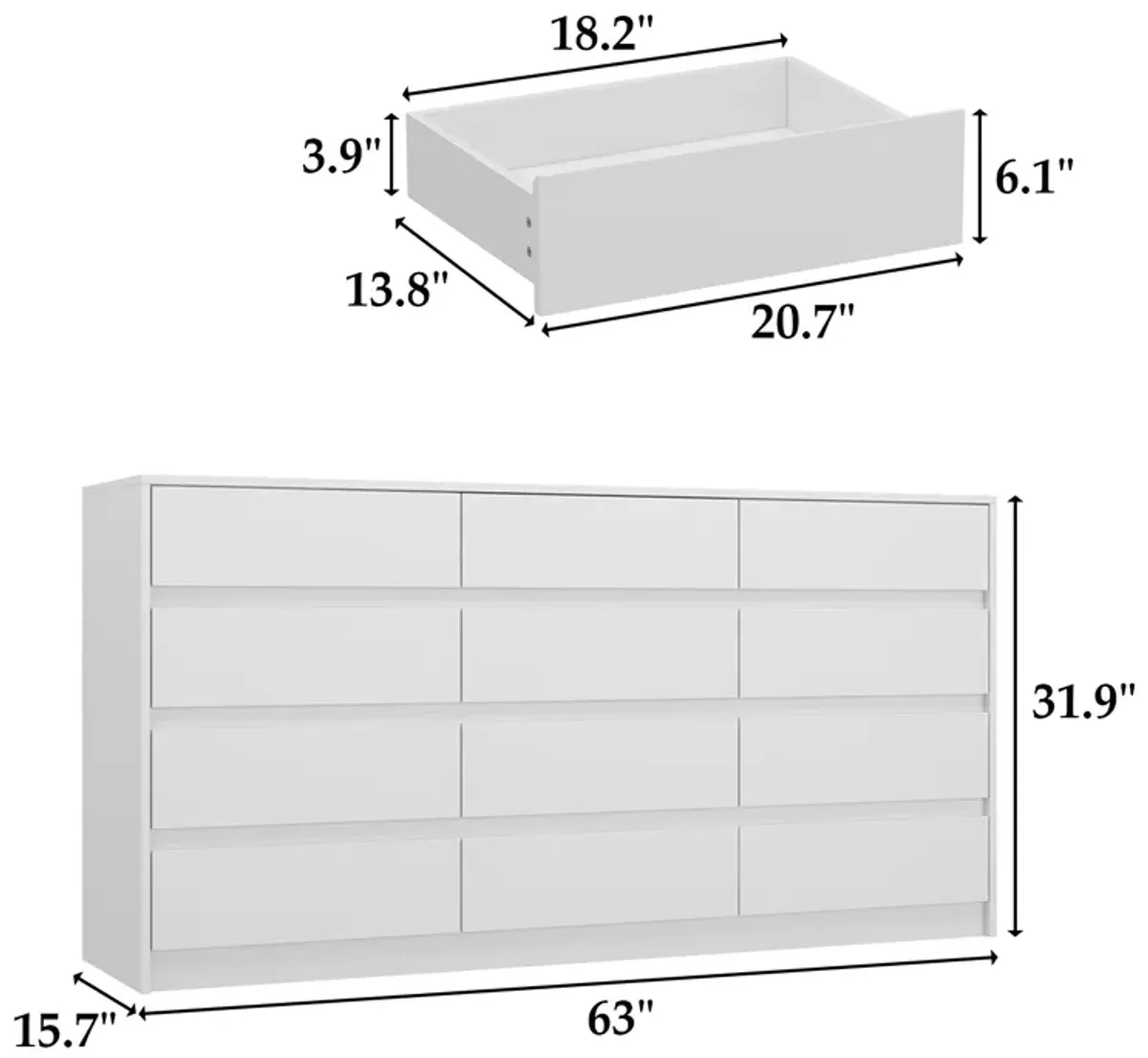 12 Drawer Dresser for Bedroom, 63“L Wooden Double Dresser, Modern Chest of Drawers Storage Organizer Dresser for Entryway Hallway