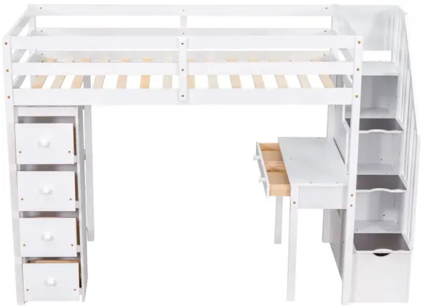 Whisen Modern Design Twin Size Wooden Loft Bed with Storage Drawers, Desk and Stairs