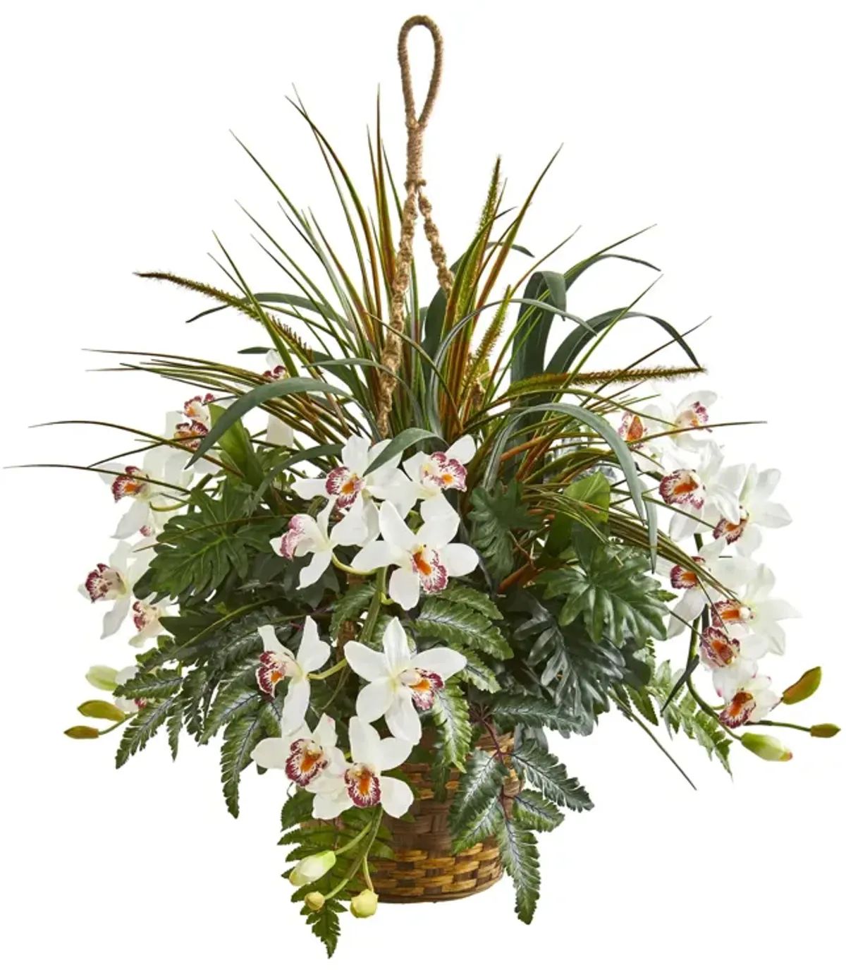 Hivvago 29" Cymbidium Orchid and Mixed Greens Artificial Plant Hanging Basket