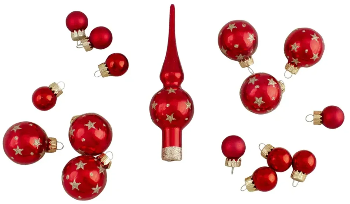 16-Piece Set of Assorted Red Glass Christmas Ball Ornaments with Tree Topper