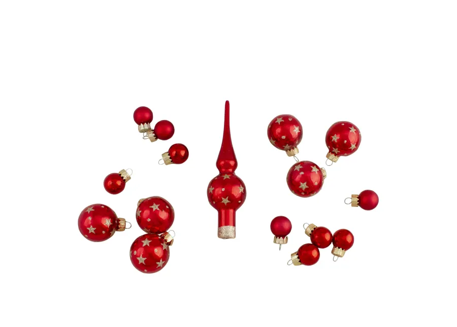 16-Piece Set of Assorted Red Glass Christmas Ball Ornaments with Tree Topper