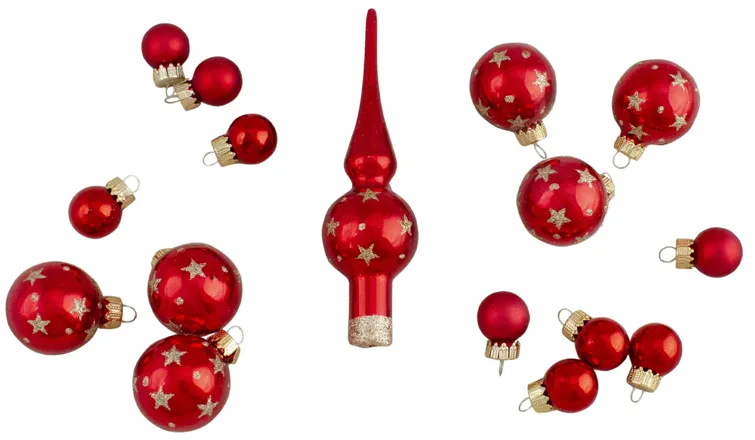 16-Piece Set of Assorted Red Glass Christmas Ball Ornaments with Tree Topper