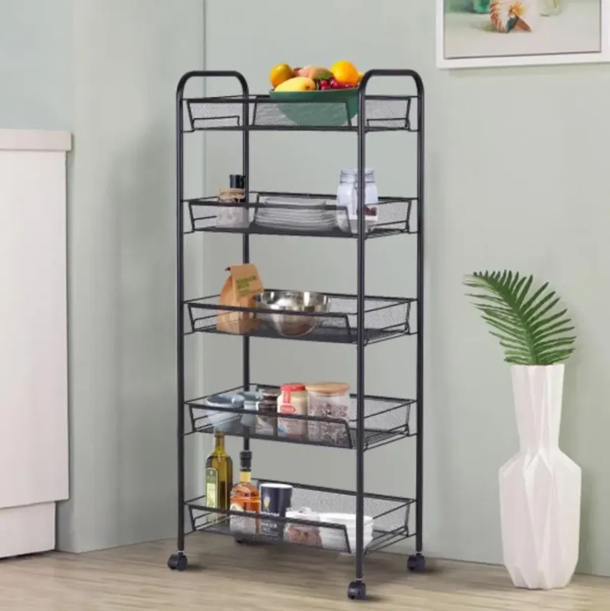 5 Tier Storage Rack Trolley Cart-Black