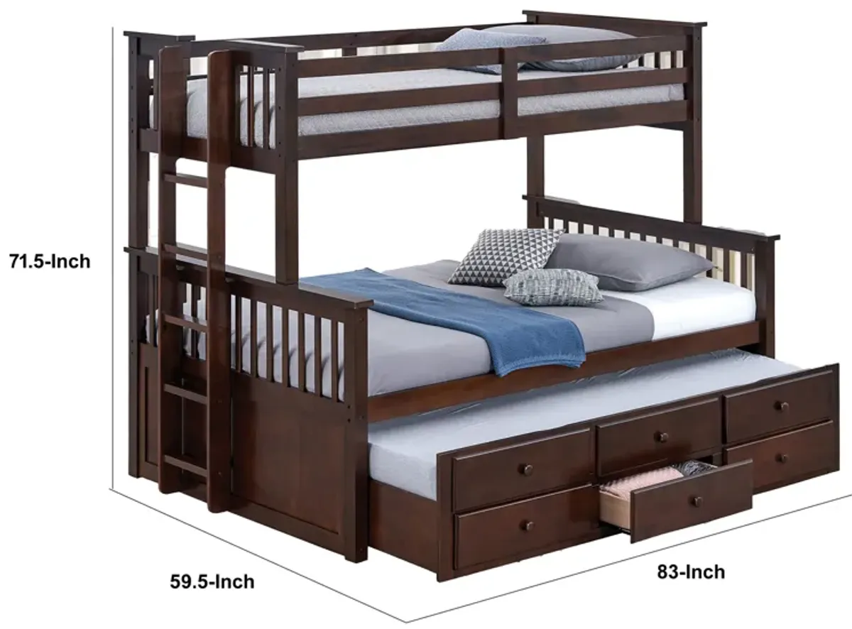 Veran Twin Over Full Bunk Bed, Trundle and 3 Drawers, Dark Brown Solid Wood