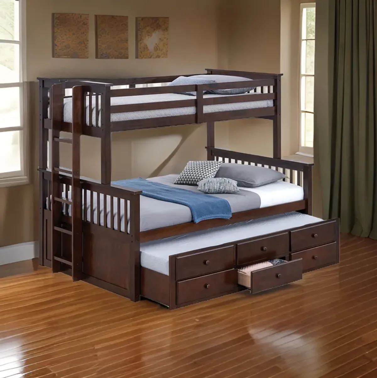 Veran Twin Over Full Bunk Bed, Trundle and 3 Drawers, Dark Brown Solid Wood