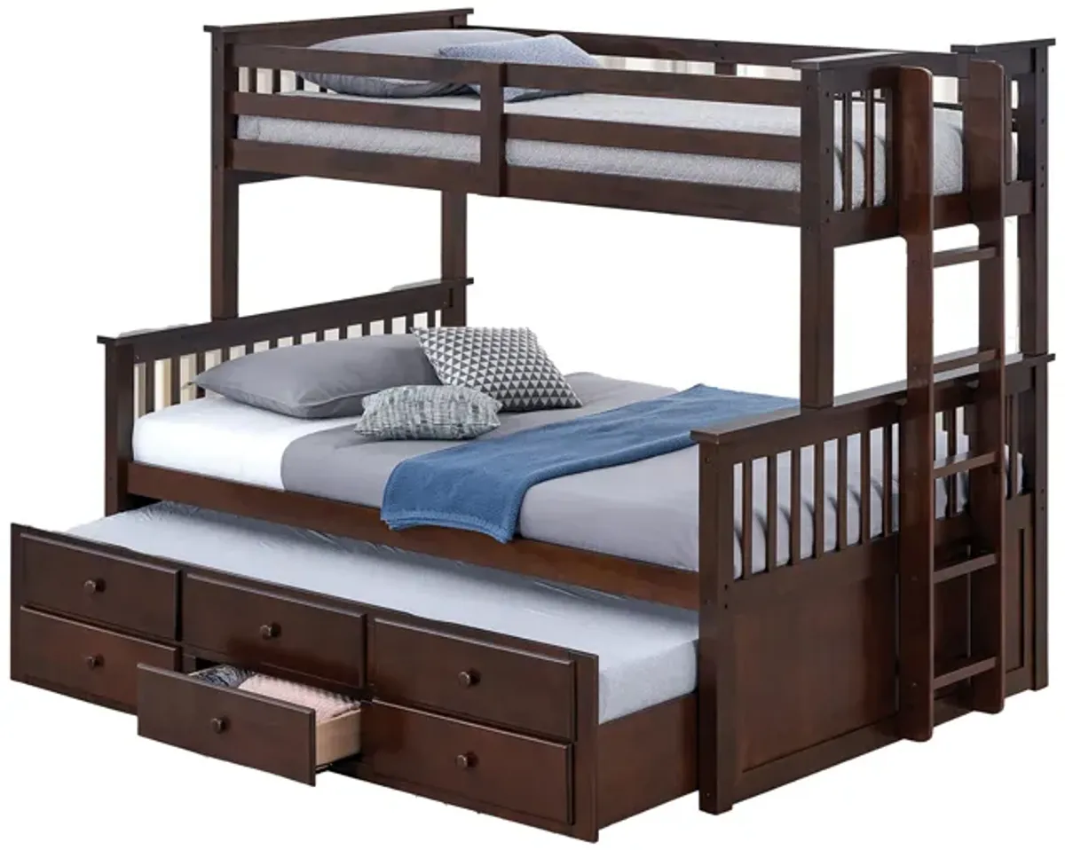 Veran Twin Over Full Bunk Bed, Trundle and 3 Drawers, Dark Brown Solid Wood