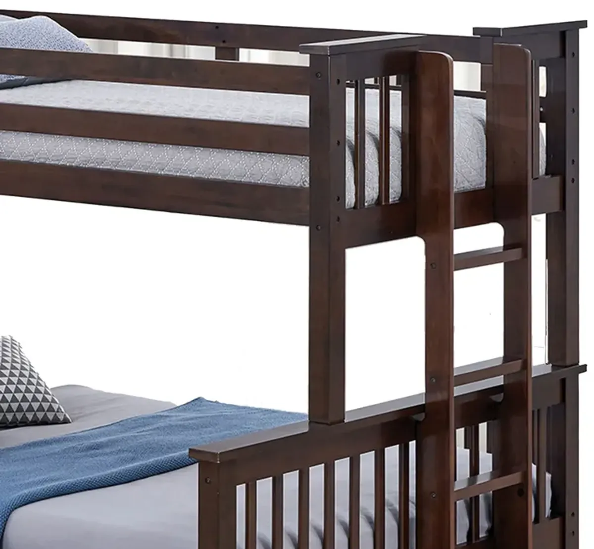 Veran Twin Over Full Bunk Bed, Trundle and 3 Drawers, Dark Brown Solid Wood