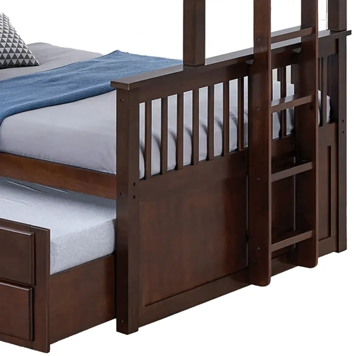 Veran Twin Over Full Bunk Bed, Trundle and 3 Drawers, Dark Brown Solid Wood