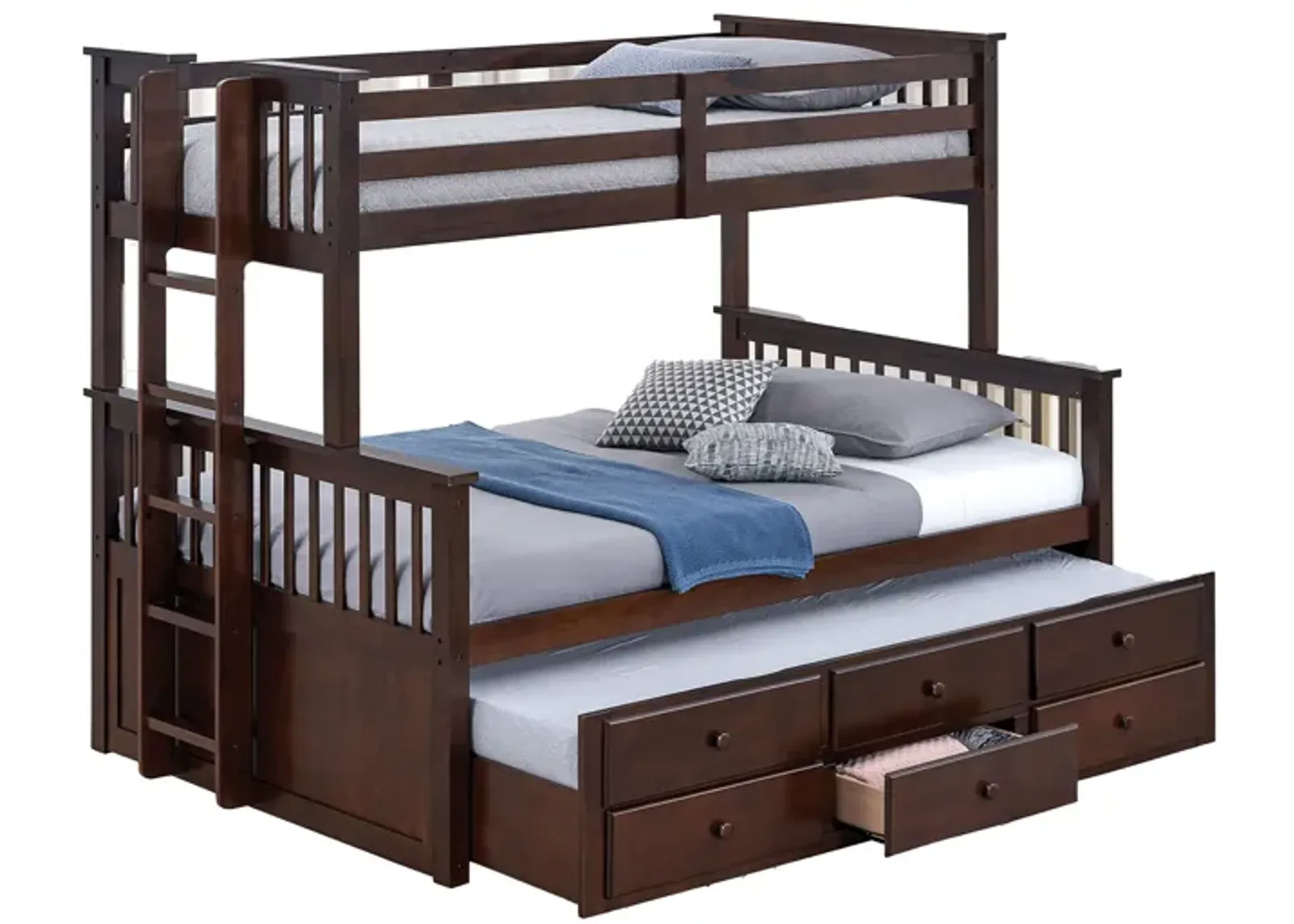 Veran Twin Over Full Bunk Bed, Trundle and 3 Drawers, Dark Brown Solid Wood