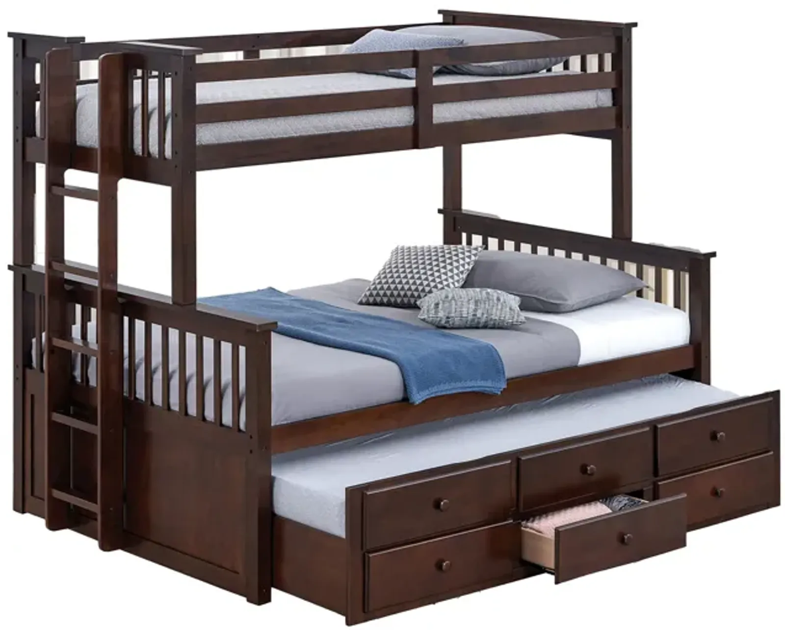 Veran Twin Over Full Bunk Bed, Trundle and 3 Drawers, Dark Brown Solid Wood