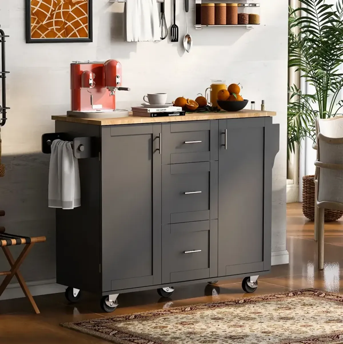 Rolling Kitchen Island with Storage and Spice Rack