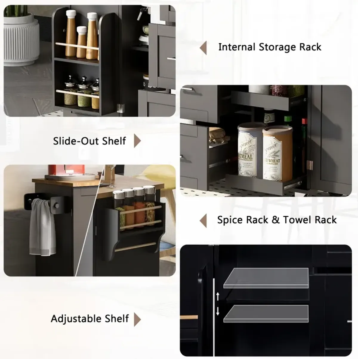 Rolling Kitchen Island with Storage and Spice Rack