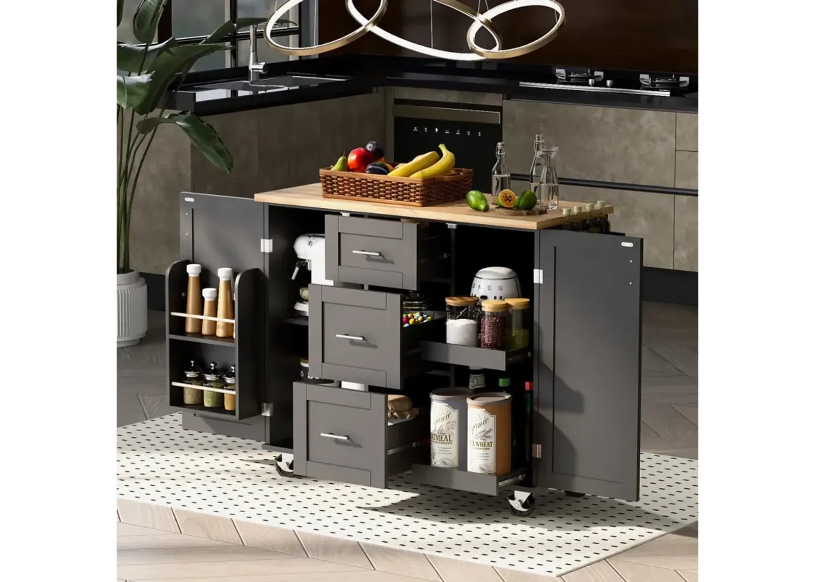 Rolling Kitchen Island with Storage and Spice Rack