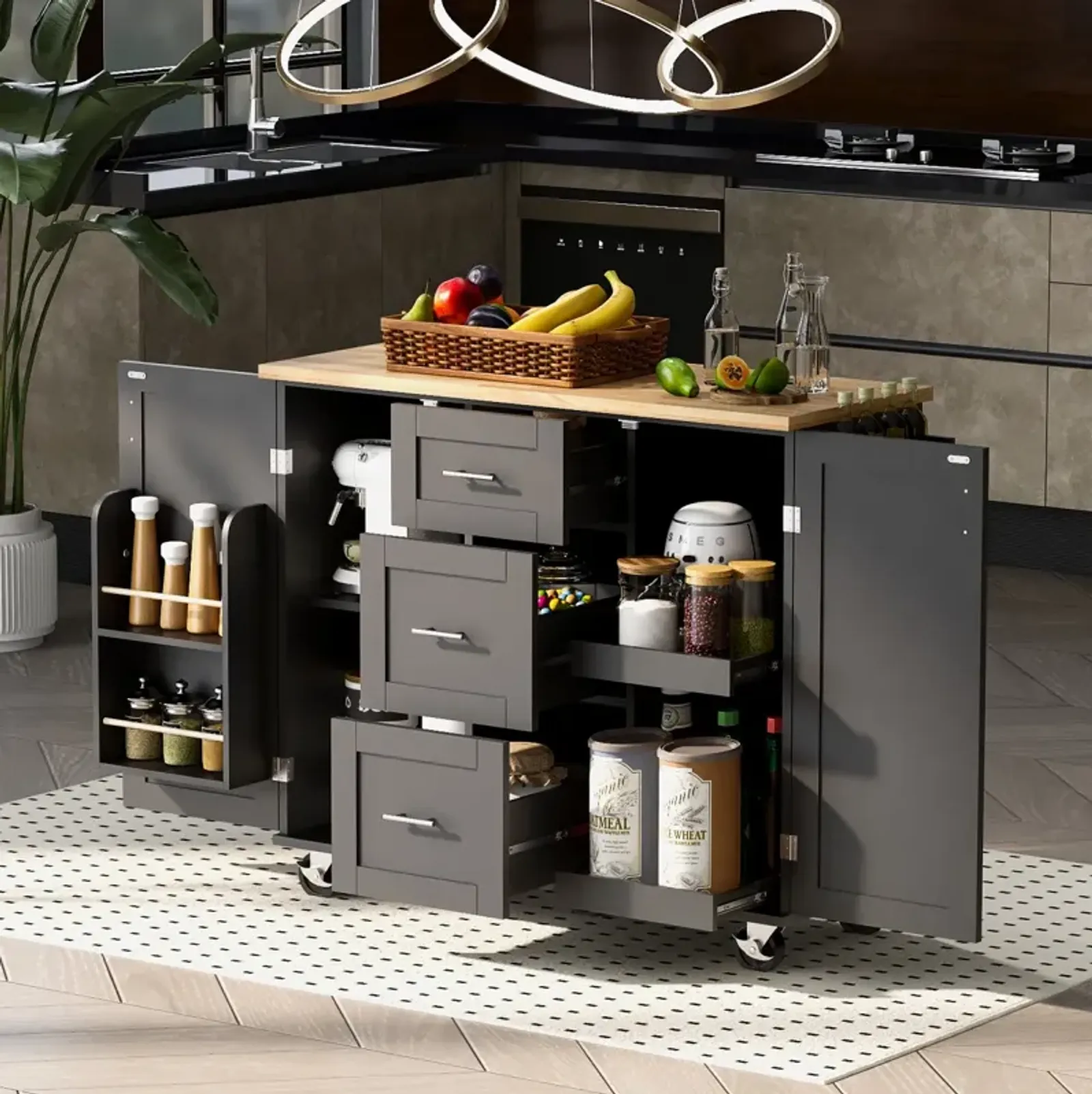 Rolling Kitchen Island with Storage and Spice Rack