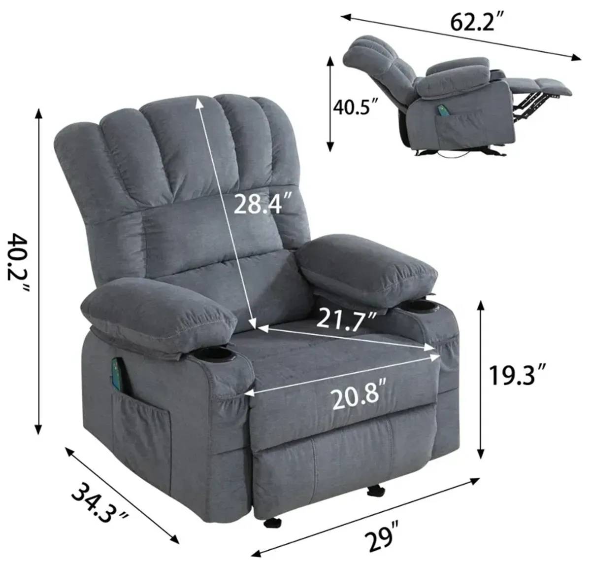 Recliner Chair Massage Heating sofa with USB and side pocket, 2 Cup Holders (Blue)