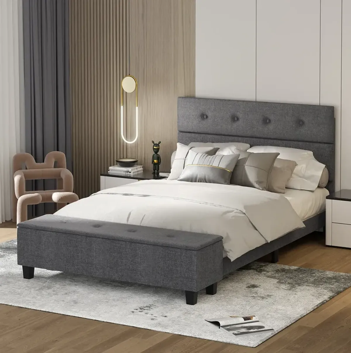 Upholstered Bed Frame with Ottoman Storage