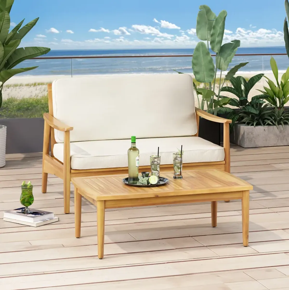 Merax Outdoor Patio Wood Loveseat with Coffee Table Set