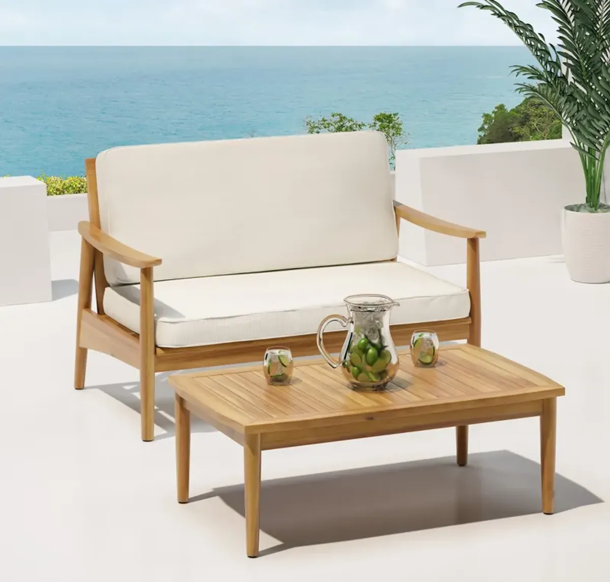 Merax Outdoor Patio Wood Loveseat with Coffee Table Set