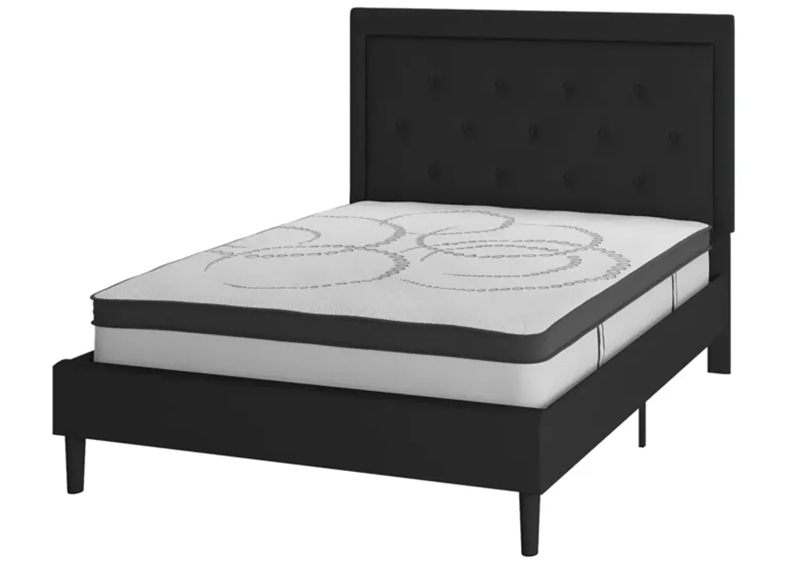 Roxbury Full Size Tufted Upholstered Platform Bed in Black Fabric with 10 Inch CertiPUR-US Certified Pocket Spring Mattress