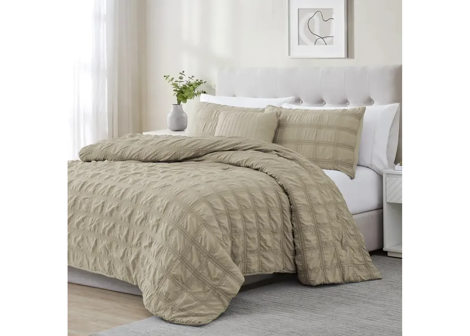 Ramallah Eliza Seersucker Comforter Set - 4-Piece - King 86x102", Tan