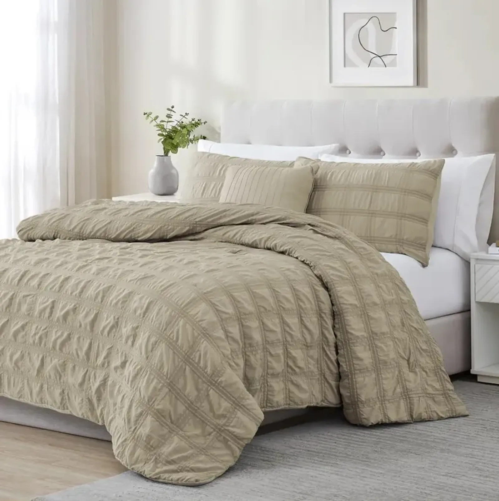 Ramallah Eliza Seersucker Comforter Set - 4-Piece - King 86x102", Tan