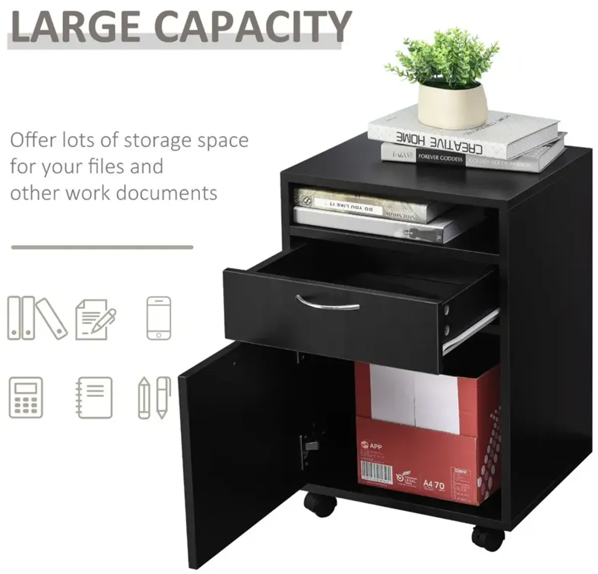 Black Mobile Organizer: Printer Stand with Drawer and Castors for Office