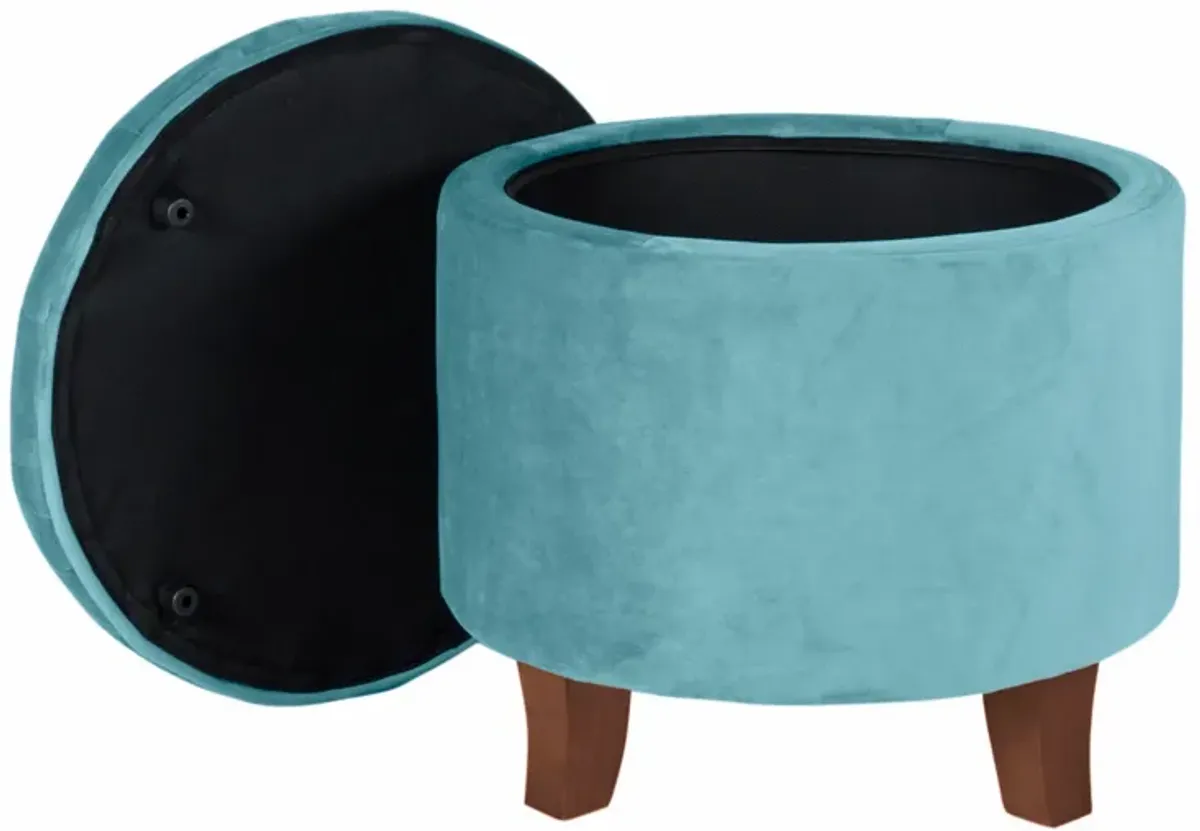 Button Tufted Velvet Upholstered Wooden Ottoman with Hidden Storage, Blue and Brown - Benzara