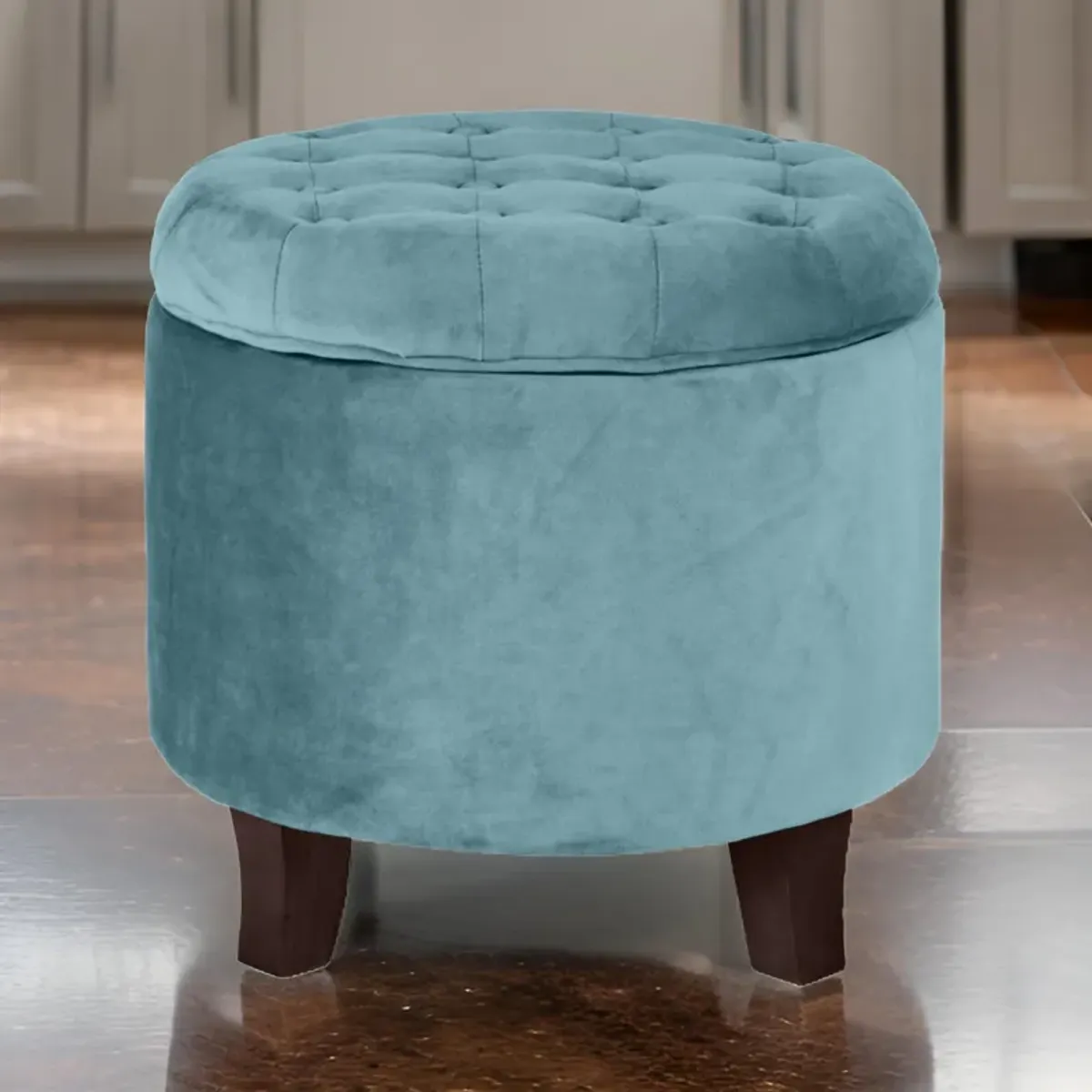 Button Tufted Velvet Upholstered Wooden Ottoman with Hidden Storage, Blue and Brown - Benzara