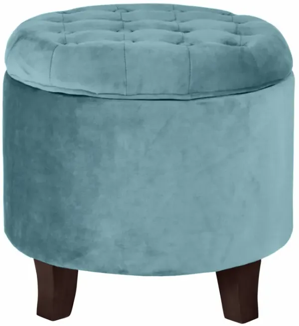 Button Tufted Velvet Upholstered Wooden Ottoman with Hidden Storage, Blue and Brown - Benzara