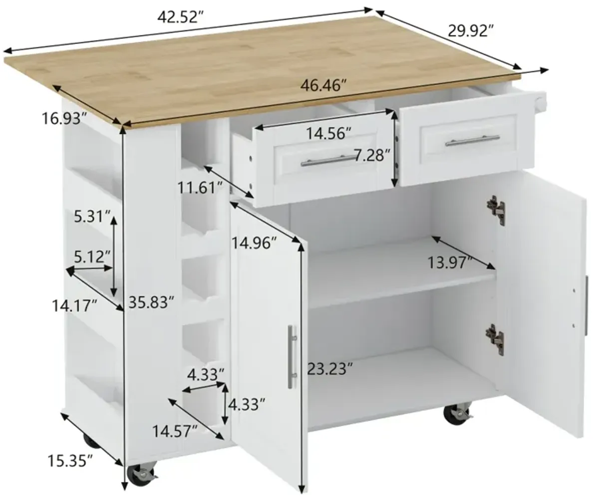 White Kitchen Island Cart with Storage and Foldable Table