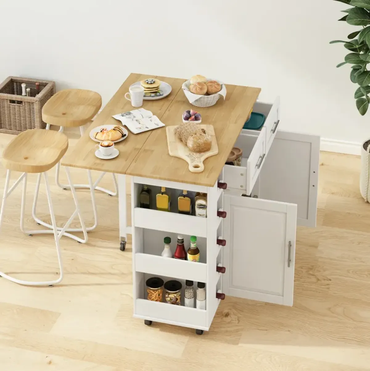 White Kitchen Island Cart with Storage and Foldable Table