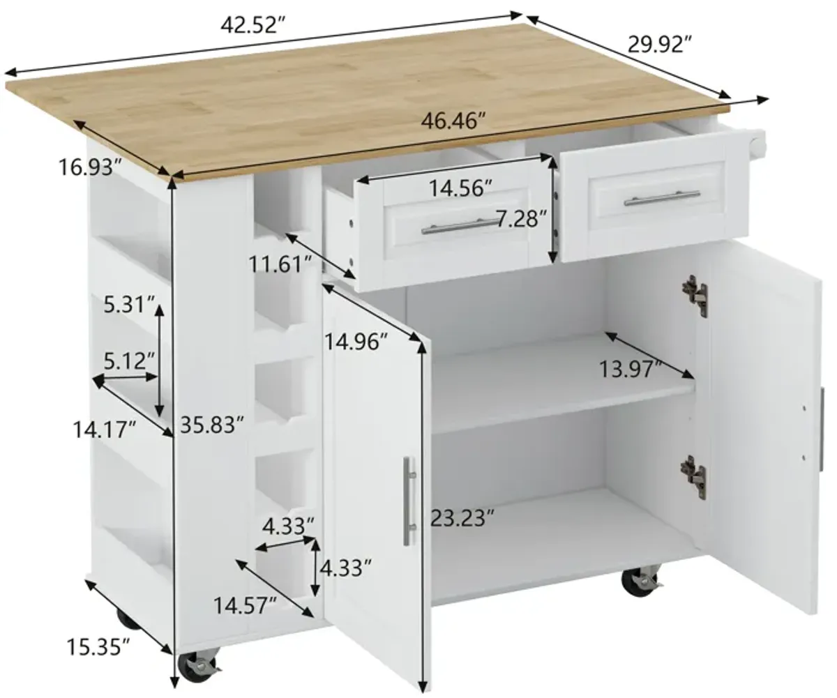 White Kitchen Island Cart with Storage and Foldable Table