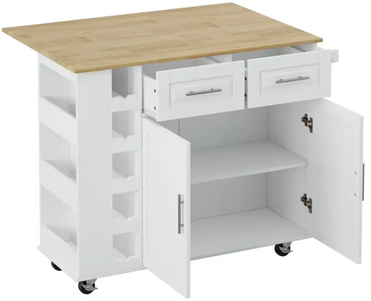 White Kitchen Island Cart with Storage and Foldable Table