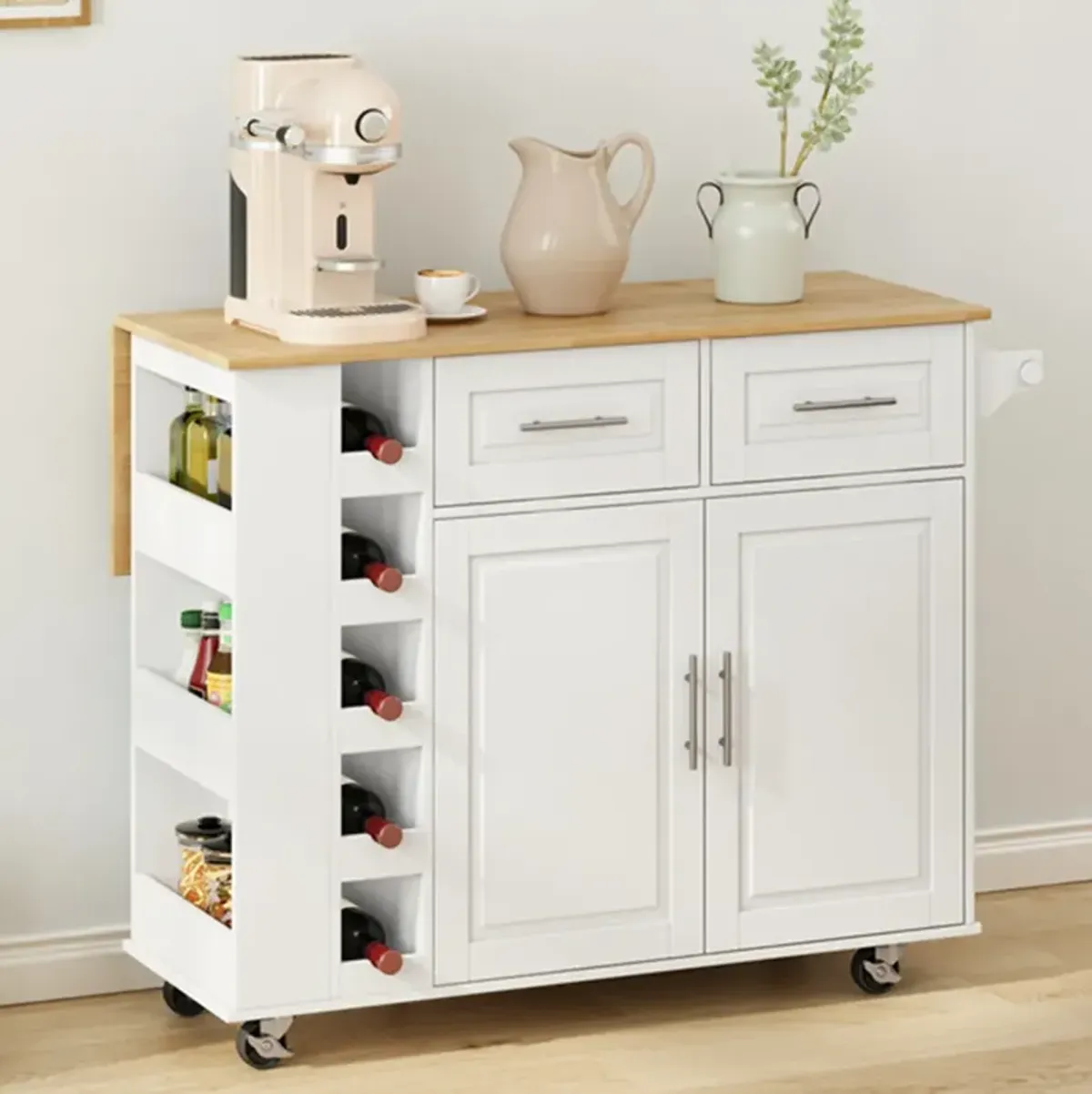 White Kitchen Island Cart with Storage and Foldable Table