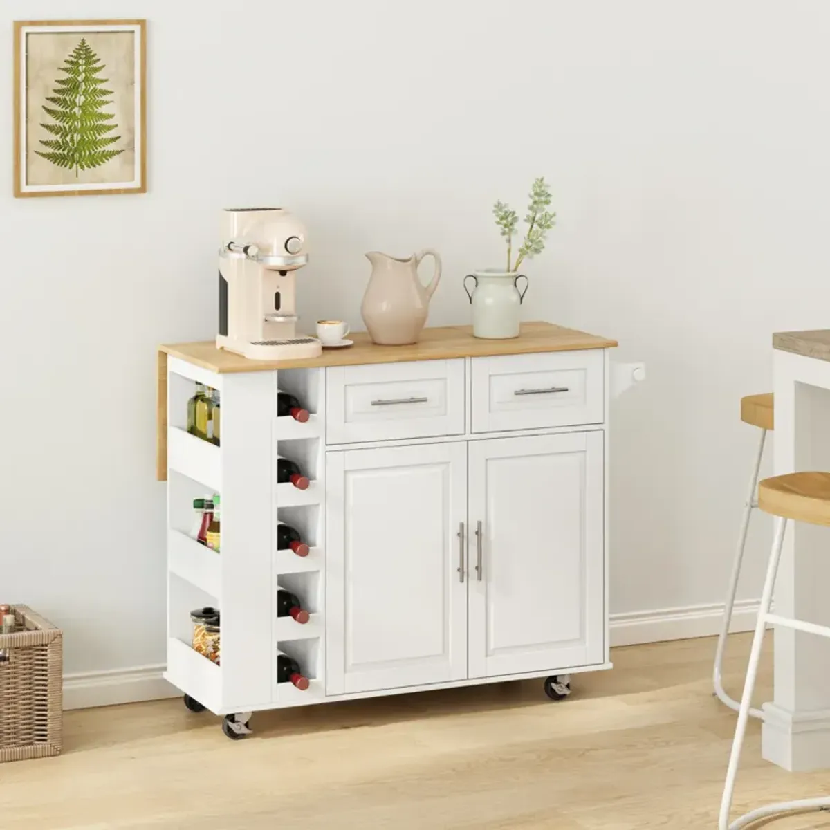 White Kitchen Island Cart with Storage and Foldable Table