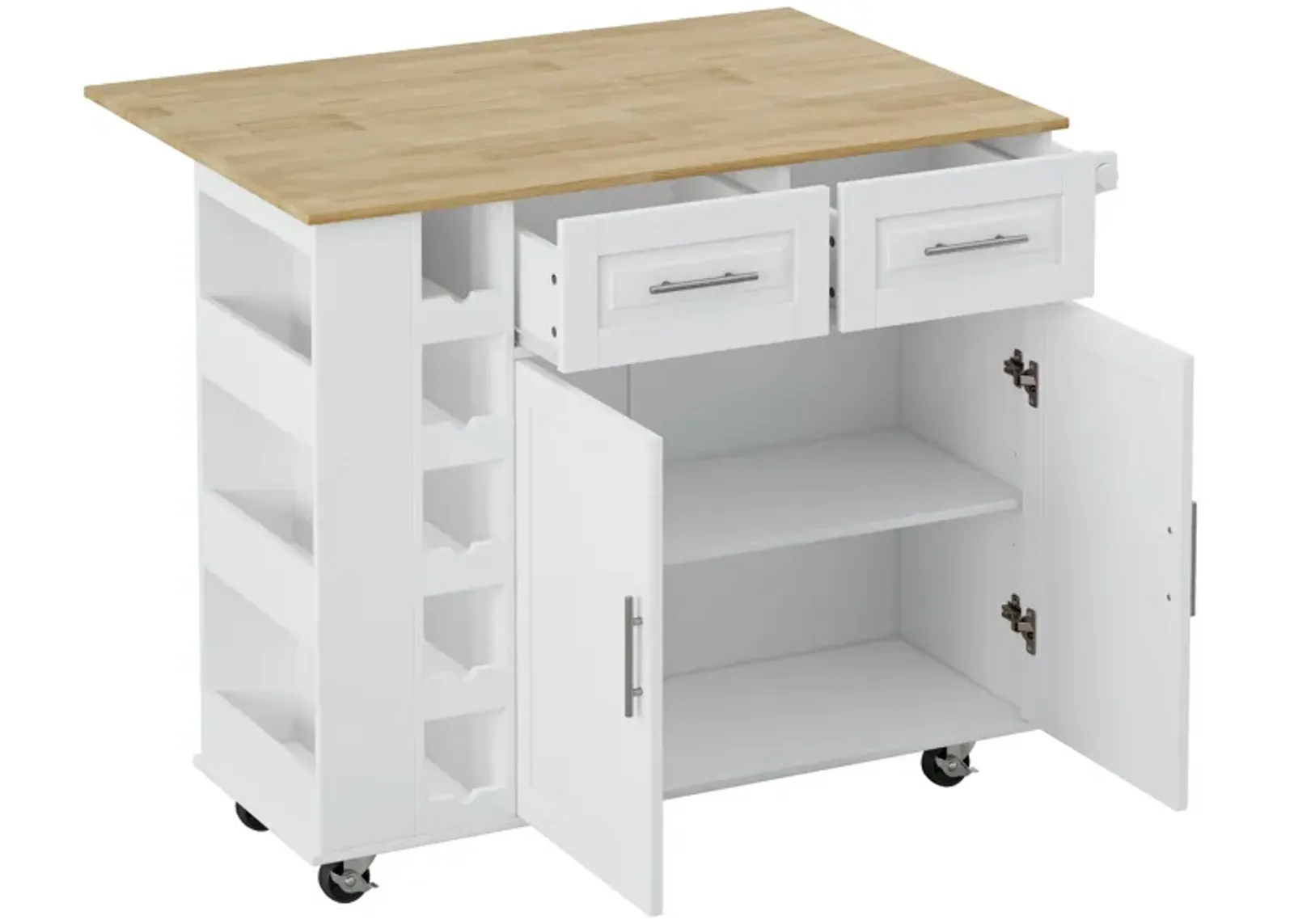 White Kitchen Island Cart with Storage and Foldable Table