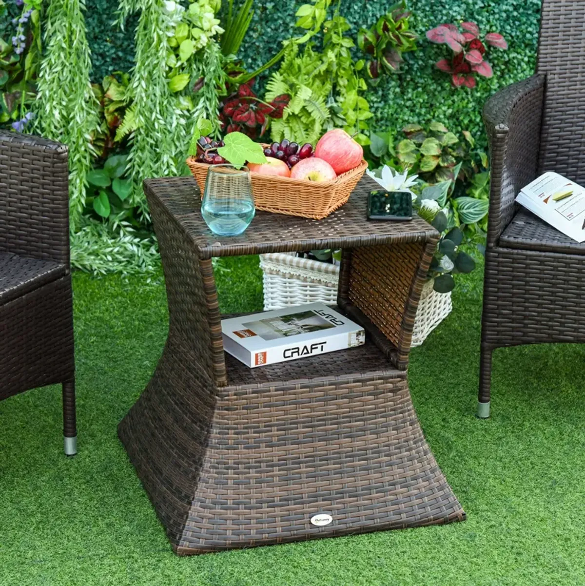 Mixed Brown Garden Table: 2-Tier Rattan Wicker Side Table with Umbrella Hole