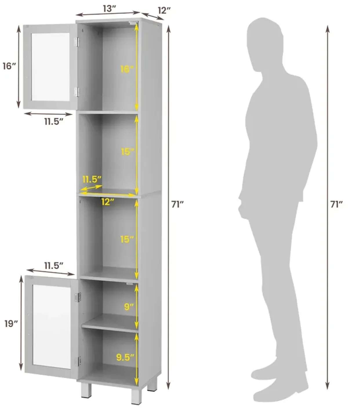 Costway 71'' Tall Tower Bathroom Storage Cabinet Organizer Display Shelves Bedroom Grey