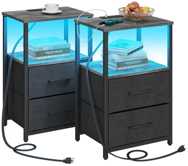 TUTOTAK LED End Table with Charging Station, Nightstand with Cloth Drawer, Side Table with 1 USB Port and 1 Type-C Port, Set of
